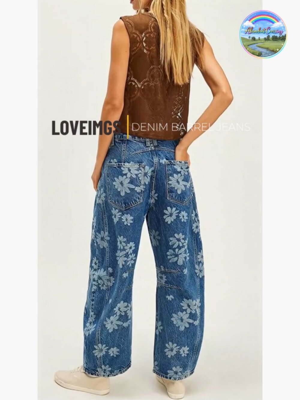 Y2k Distressed Barrel Jeans Baggy Wide Leg Floral Printed Boyfriend Patchwork - Picture 6 of 6